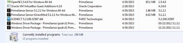 If one of these entries is missing, the drivers are not installed properly. Installing SCENECT again resolves the issues normally.